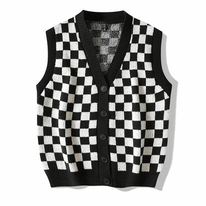 Men's Plaid Sweater Vest Sleeveless V-Neck Button Cardigan Vest Fashion Office Knitted Vest Classic Fit Tank Tops