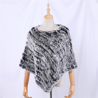 Genuine Rabbit Fur Knitted Natural Fur Poncho Fashion Wrap Coat Shawl Lady Scarf for Women