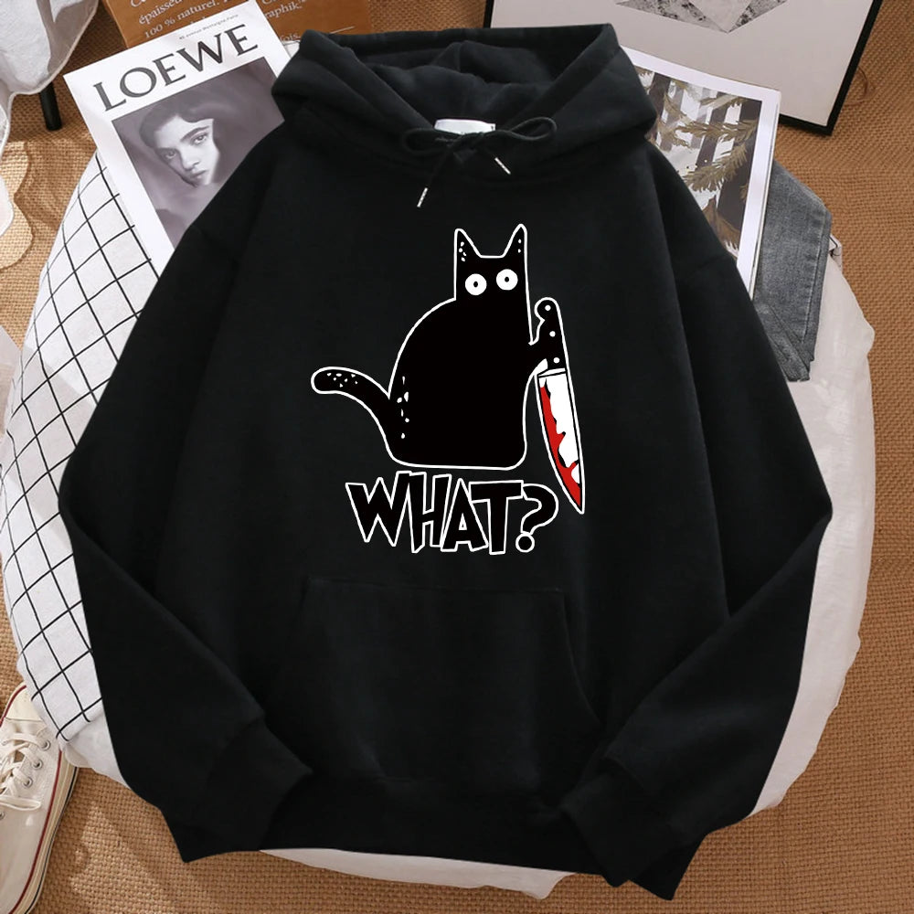 What Cute Little Black Cat Holding A Knife Men Sweatshirt Hip Hop Pullover HoodieUnisex for Men and Women