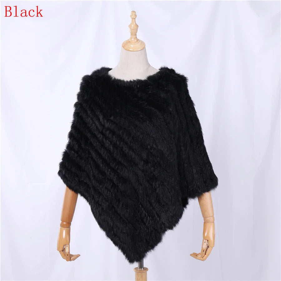 Genuine Rabbit Fur Knitted Natural Fur Poncho Fashion Wrap Coat Shawl Lady Scarf for Women