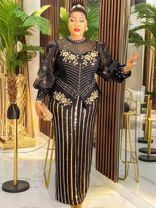 2025 Luxury Party Dresses Elegant Women Wedding Prom Evening Gown Long Sleeve Bodycon Robe African Dashiki Sequin Maxi Dress