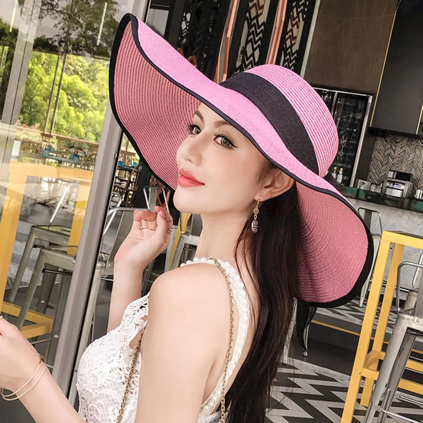 New Summer Women Straw Hat Bowknot Wide Brim Floppy Foldable Panama Hats Adult Outdoor Sun Protection Flat Top Ribbon Beach Cap
