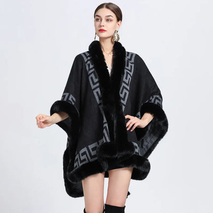 Striped Poncho Cape Cashmere Loose Shawl Cloak Women Faux Rabbit Fur Collar Big Pendulum Coat for Women