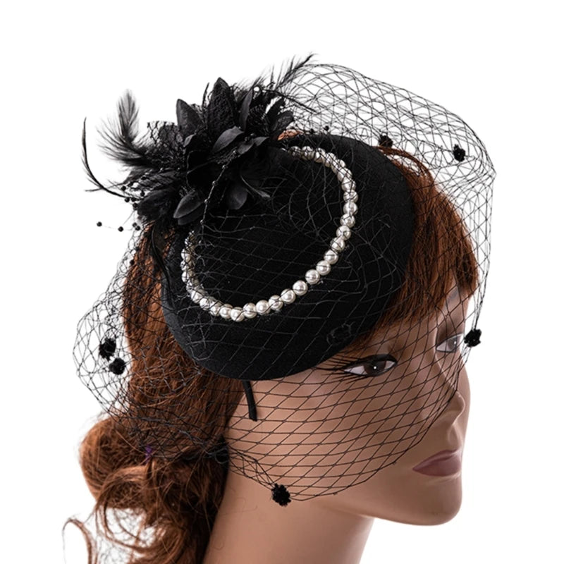 Feather Fascinator Headband – Elegant Veil Tea Party Hat