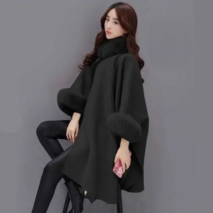 Mid-length Coat Cape Loose-fitting Pure Color Poncho Coat Travel Winter Fake Fur Coat for Women