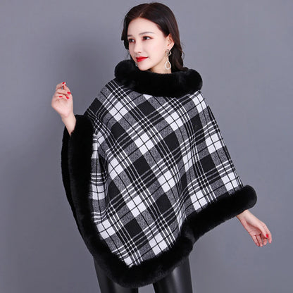 Winter Thick Warm Poncho Faux Rabbit Fur Collar Cape Coat Outerwear Fluffy Plush Wraps Cloak Shawl for Women