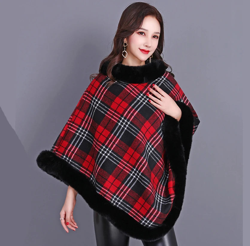 Winter Thick Warm Poncho Faux Rabbit Fur Collar Cape Coat Outerwear Fluffy Plush Wraps Cloak Shawl for Women