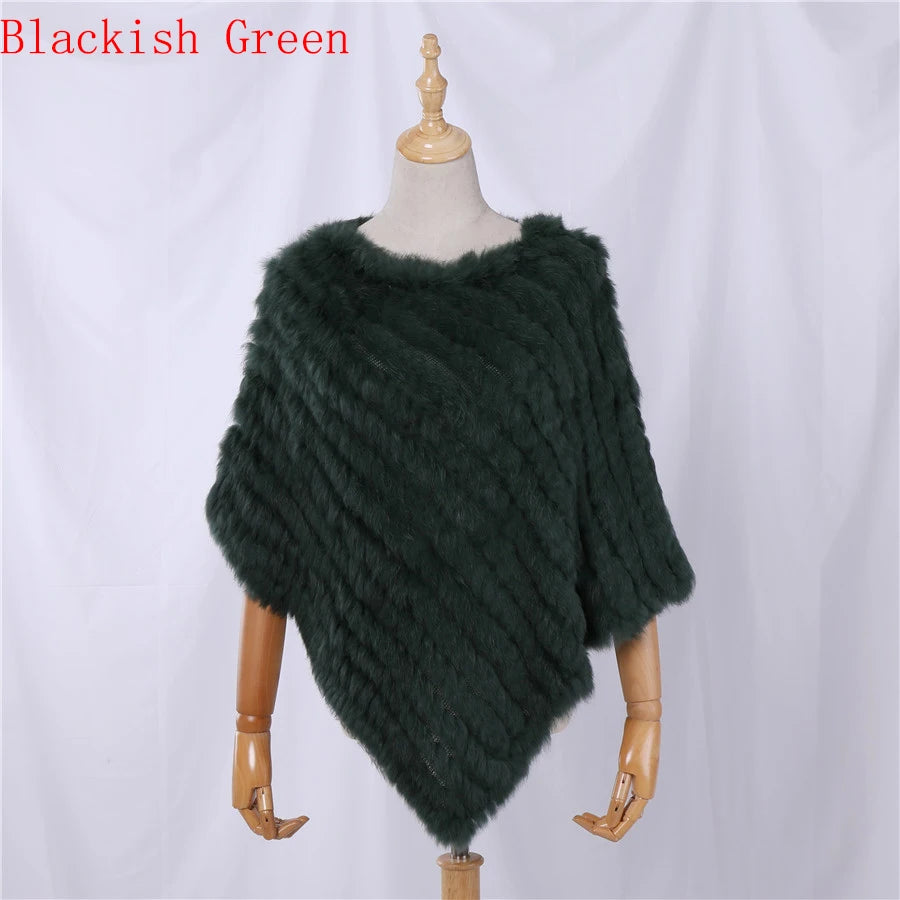 Genuine Rabbit Fur Knitted Natural Fur Poncho Fashion Wrap Coat Shawl Lady Scarf for Women