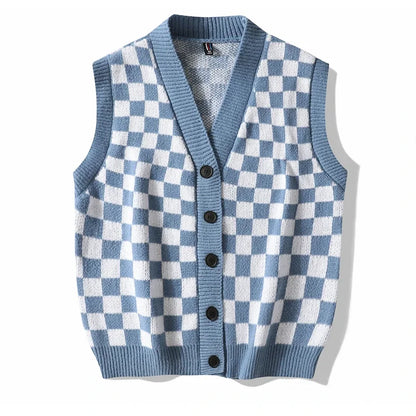 Men's Plaid Sweater Vest Sleeveless V-Neck Button Cardigan Vest Fashion Office Knitted Vest Classic Fit Tank Tops