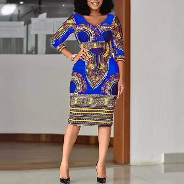 Dashiki Print Long Sleeve Bodycon African Dress