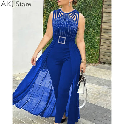 Women's Sexy Round Neck Rhinestone Sheer Mesh Sleeveless Jumpsuit With Belt