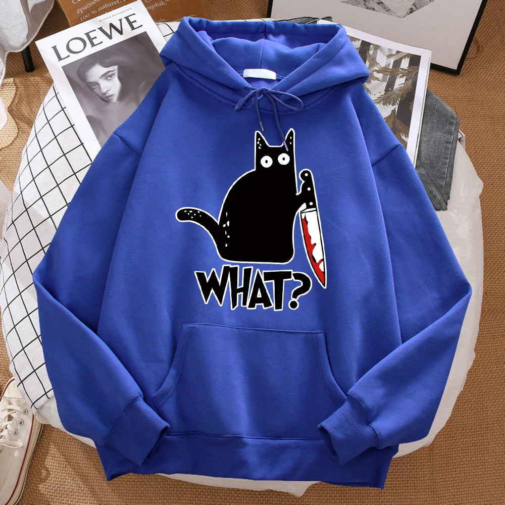 What Cute Little Black Cat Holding A Knife Men Sweatshirt Hip Hop Pullover HoodieUnisex for Men and Women