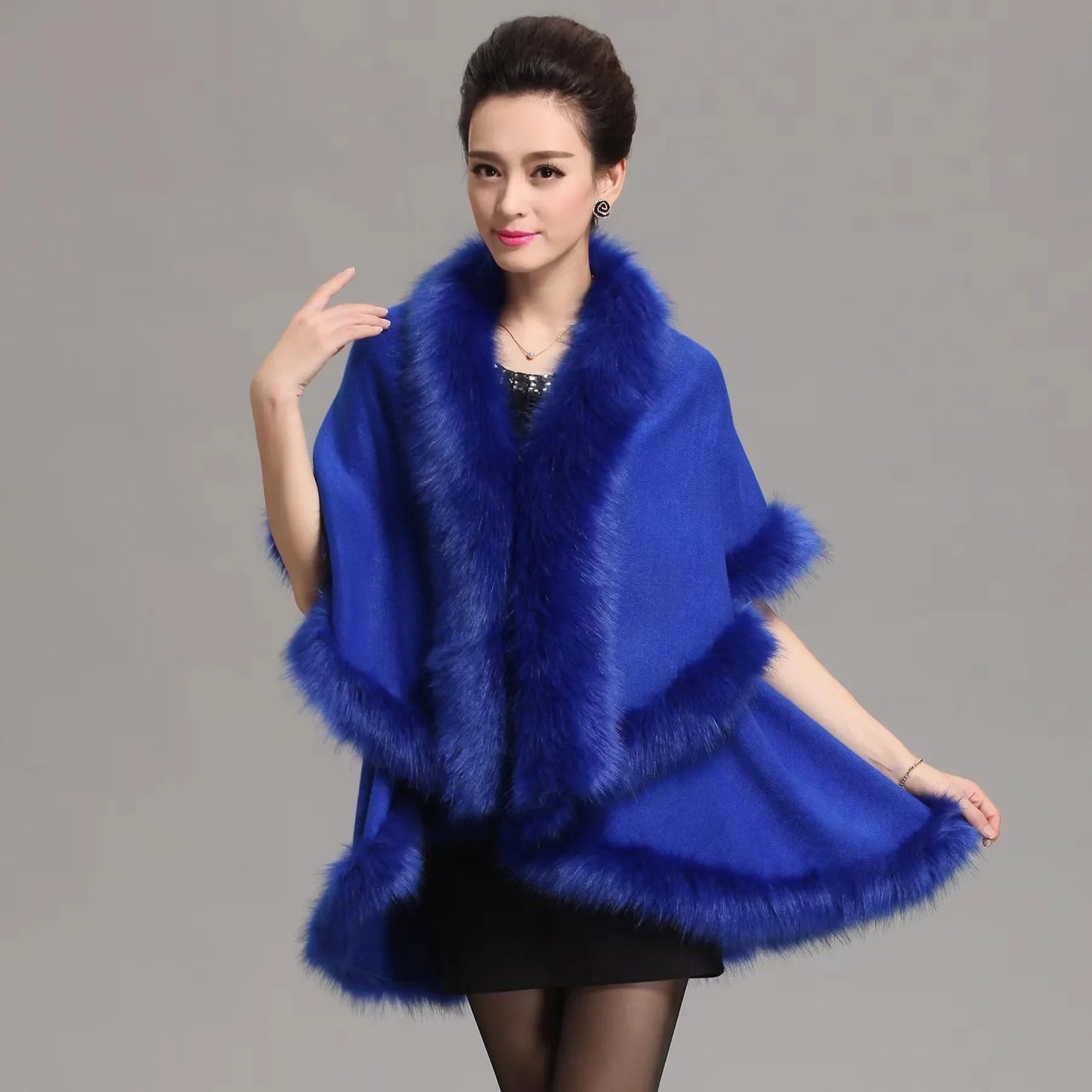 Faux Fox Fur Collar Oversize Coat Winter Warm Long Knitted Cape Cashmere Loose Shawl for Women