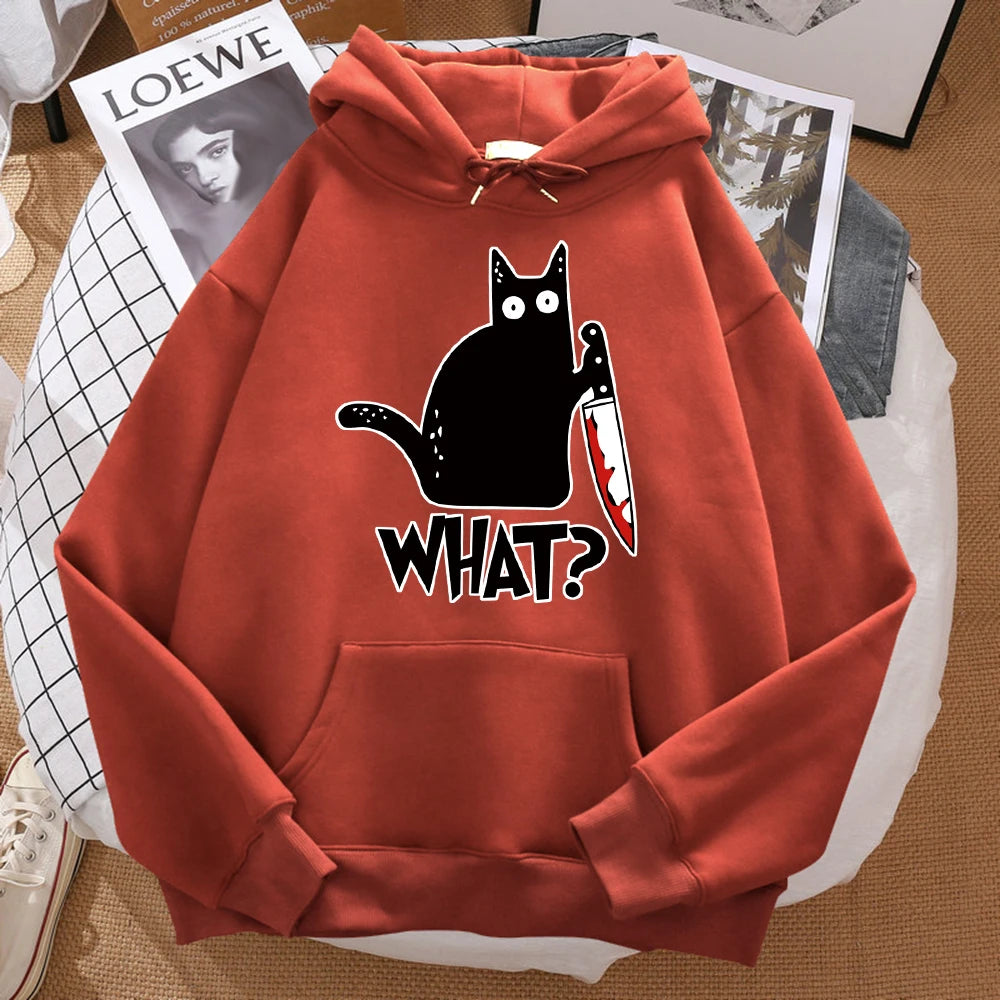 What Cute Little Black Cat Holding A Knife Men Sweatshirt Hip Hop Pullover HoodieUnisex for Men and Women