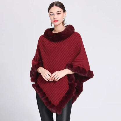 Plaid Stripes Faux Fur Pullover Cape Coat Autumn Winter Knit Poncho Cloak Wrap Shawl for Women