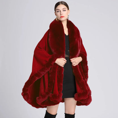 Rabbit Faux Fur Shawl Lady Cashmere Feel Wrap Autumn Winter Solid Color Cloak Classic Luxury Warm Overcoat for Women