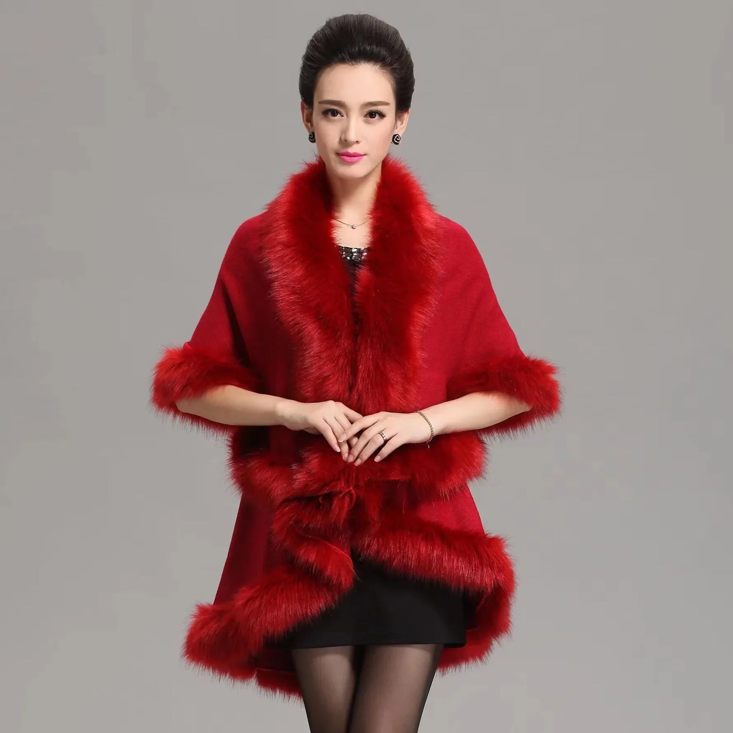 Faux Fox Fur Collar Oversize Coat Winter Warm Long Knitted Cape Cashmere Loose Shawl for Women