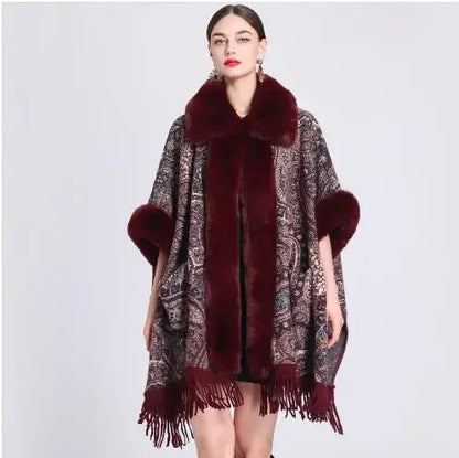 Thick Faux Fur Mantle Big Collar Loose Printed Poncho Pendulum Capes Streetwear Tassel Long Cloak Pocket Overcoat for Women