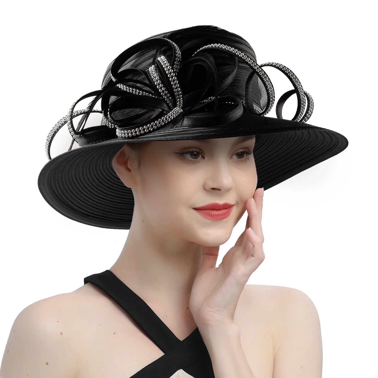 Premium Black Satin Church Hat | Fashion Flower Chain Wedding Top Hat
