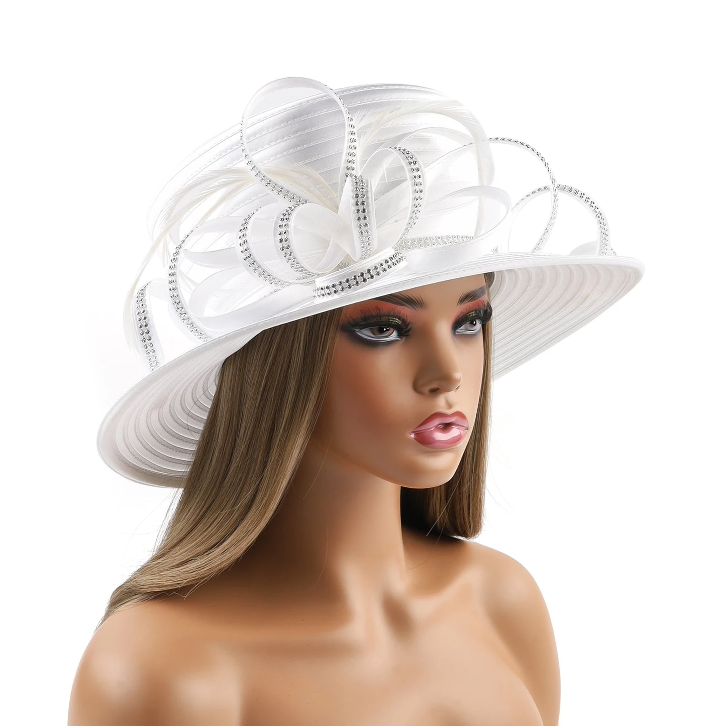 Deluxe White Fascinator – Satin Flower Top Hat with Chains