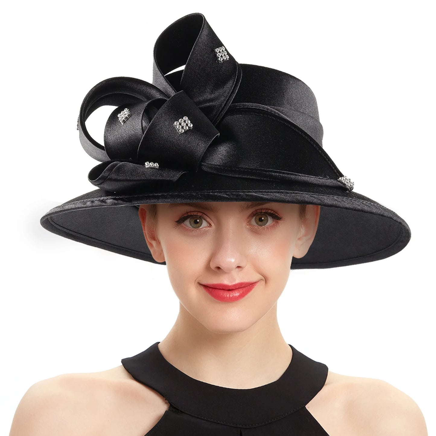 Premium Black Satin Church Hat | Fashion Flower Chain Wedding Top Hat