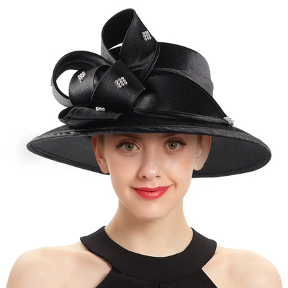 Premium Black Satin Church Hat | Fashion Flower Chain Wedding Top Hat