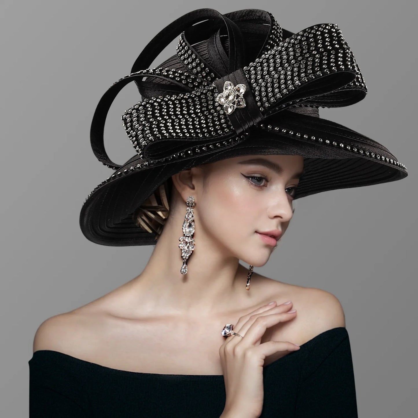 Premium Black Satin Church Hat | Fashion Flower Chain Wedding Top Hat