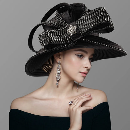 Premium Black Satin Church Hat | Fashion Flower Chain Wedding Top Hat