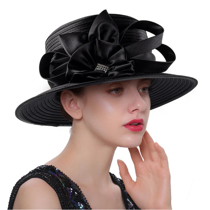 Premium Black Satin Church Hat | Fashion Flower Chain Wedding Top Hat