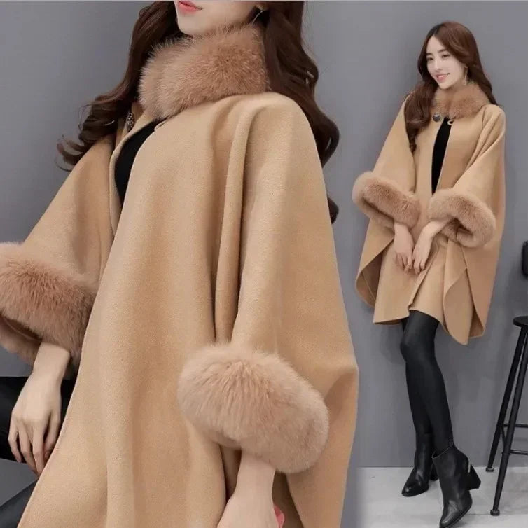 Mid-length Coat Cape Loose-fitting Pure Color Poncho Coat Travel Winter Fake Fur Coat for Women