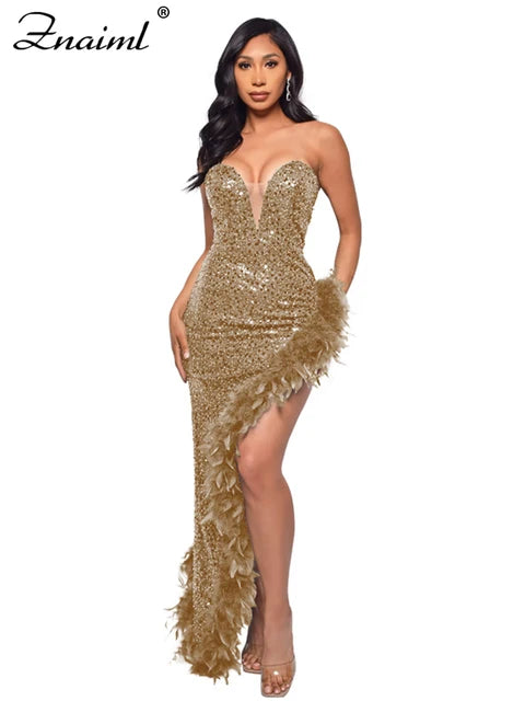 Elegant Feathers High Split Birthday Party Glitter Sequins Maxi Dress Women Night Club Wedding Evening Prom Dresses