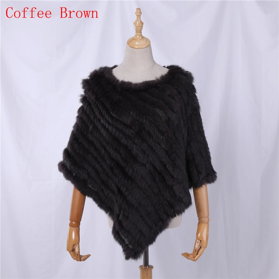 Genuine Rabbit Fur Knitted Natural Fur Poncho Fashion Wrap Coat Shawl Lady Scarf for Women