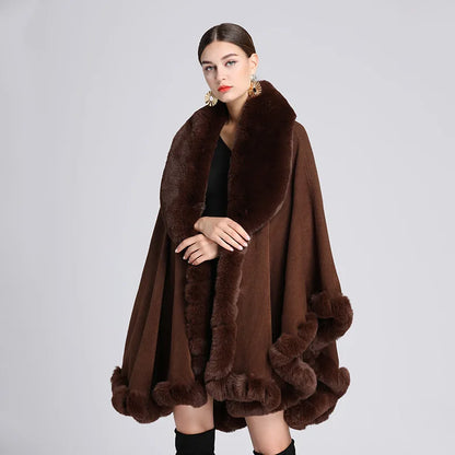 Rabbit Faux Fur Shawl Lady Cashmere Feel Wrap Autumn Winter Solid Color Cloak Classic Luxury Warm Overcoat for Women