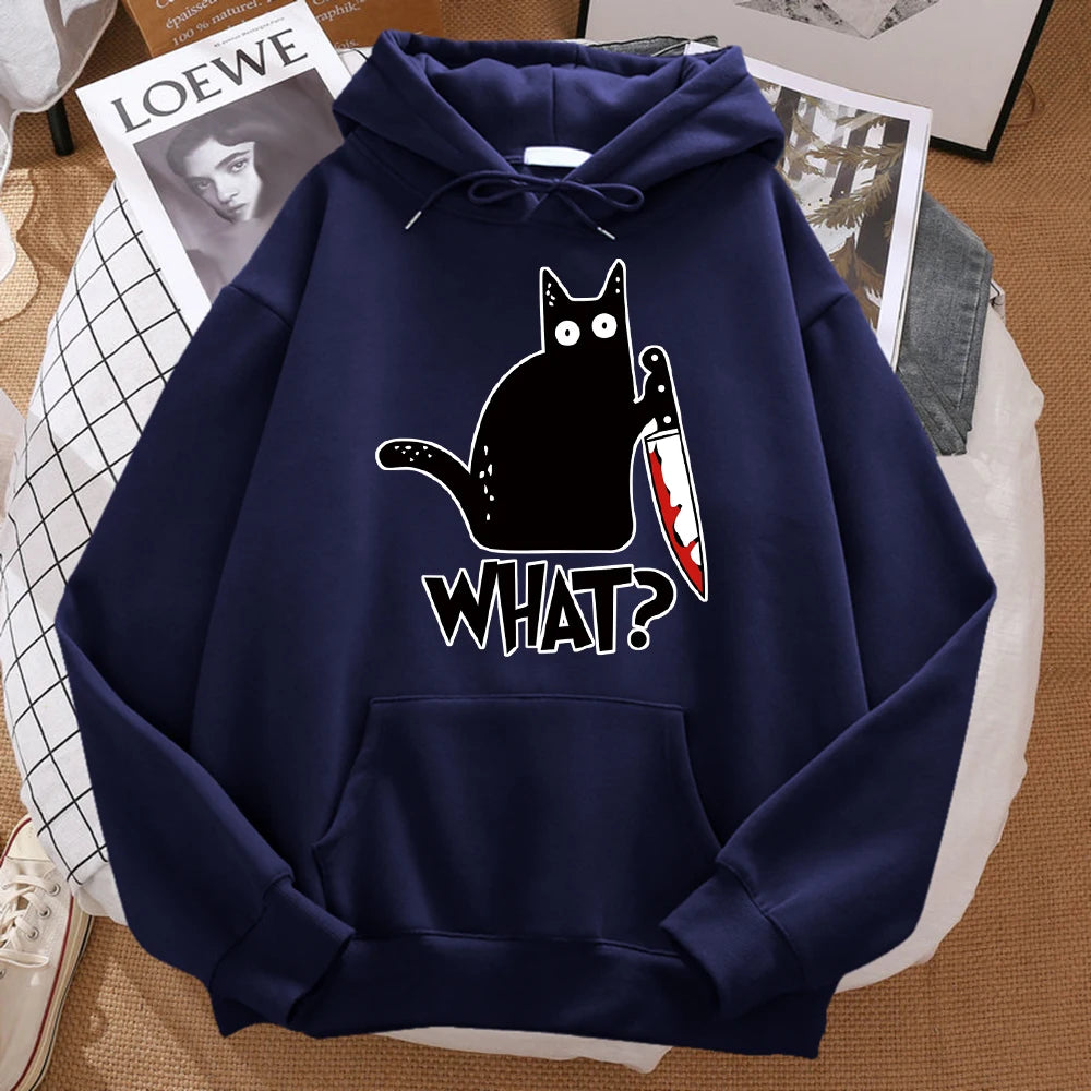 What Cute Little Black Cat Holding A Knife Men Sweatshirt Hip Hop Pullover HoodieUnisex for Men and Women