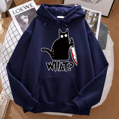 What Cute Little Black Cat Holding A Knife Men Sweatshirt Hip Hop Pullover HoodieUnisex for Men and Women