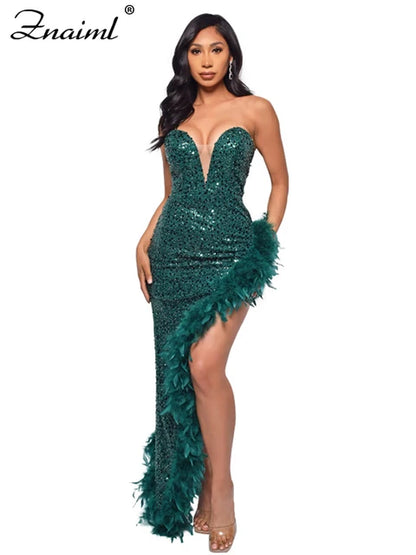 Elegant Feathers High Split Birthday Party Glitter Sequins Maxi Dress Women Night Club Wedding Evening Prom Dresses