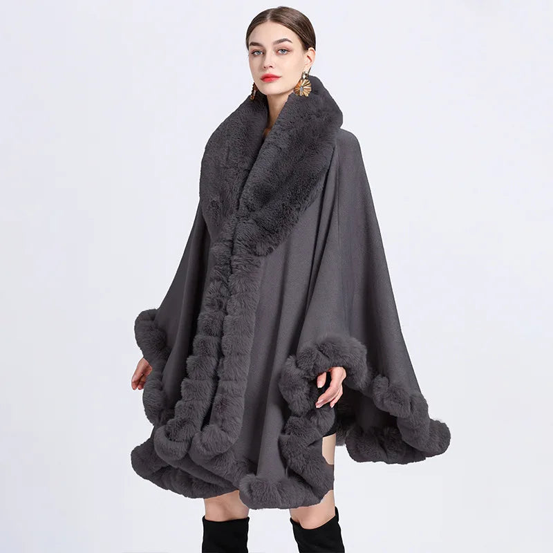 Rabbit Faux Fur Shawl Lady Cashmere Feel Wrap Autumn Winter Solid Color Cloak Classic Luxury Warm Overcoat for Women