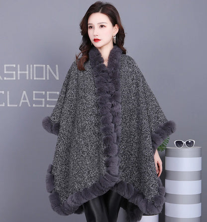 Luxury Faux Fur Coat Rabbit Fur Poncho Shawl Wraps Loose Fluffy Fur Long Cloak Cape for Women