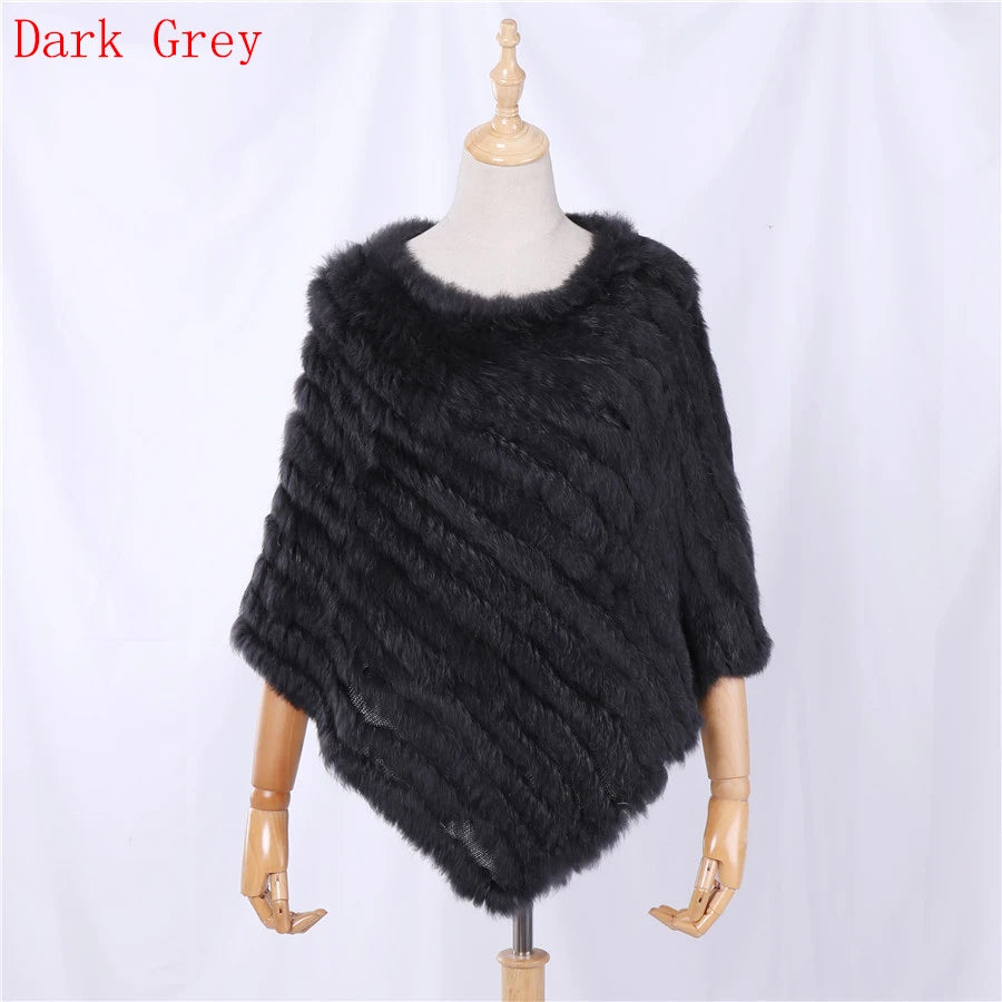 Genuine Rabbit Fur Knitted Natural Fur Poncho Fashion Wrap Coat Shawl Lady Scarf for Women