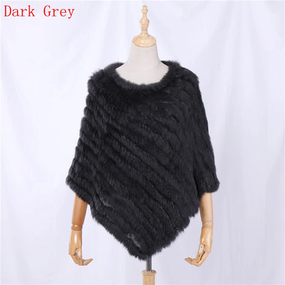 Genuine Rabbit Fur Knitted Natural Fur Poncho Fashion Wrap Coat Shawl Lady Scarf for Women