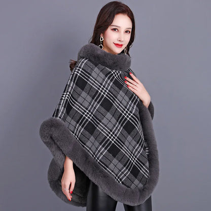 Winter Thick Warm Poncho Faux Rabbit Fur Collar Cape Coat Outerwear Fluffy Plush Wraps Cloak Shawl for Women