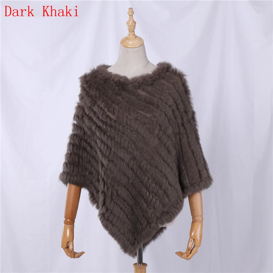 Genuine Rabbit Fur Knitted Natural Fur Poncho Fashion Wrap Coat Shawl Lady Scarf for Women