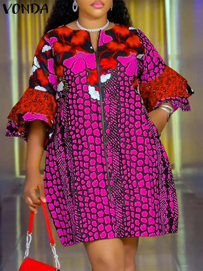 Plus Size Women Bohemian Printed Dress 2025 Summer Short Dress Flare Sleeve Party Sundress Casual wear