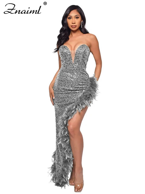 Elegant Feathers High Split Birthday Party Glitter Sequins Maxi Dress Women Night Club Wedding Evening Prom Dresses