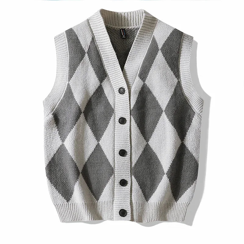 Men's Plaid Sweater Vest Sleeveless V-Neck Button Cardigan Vest Fashion Office Knitted Vest Classic Fit Tank Tops