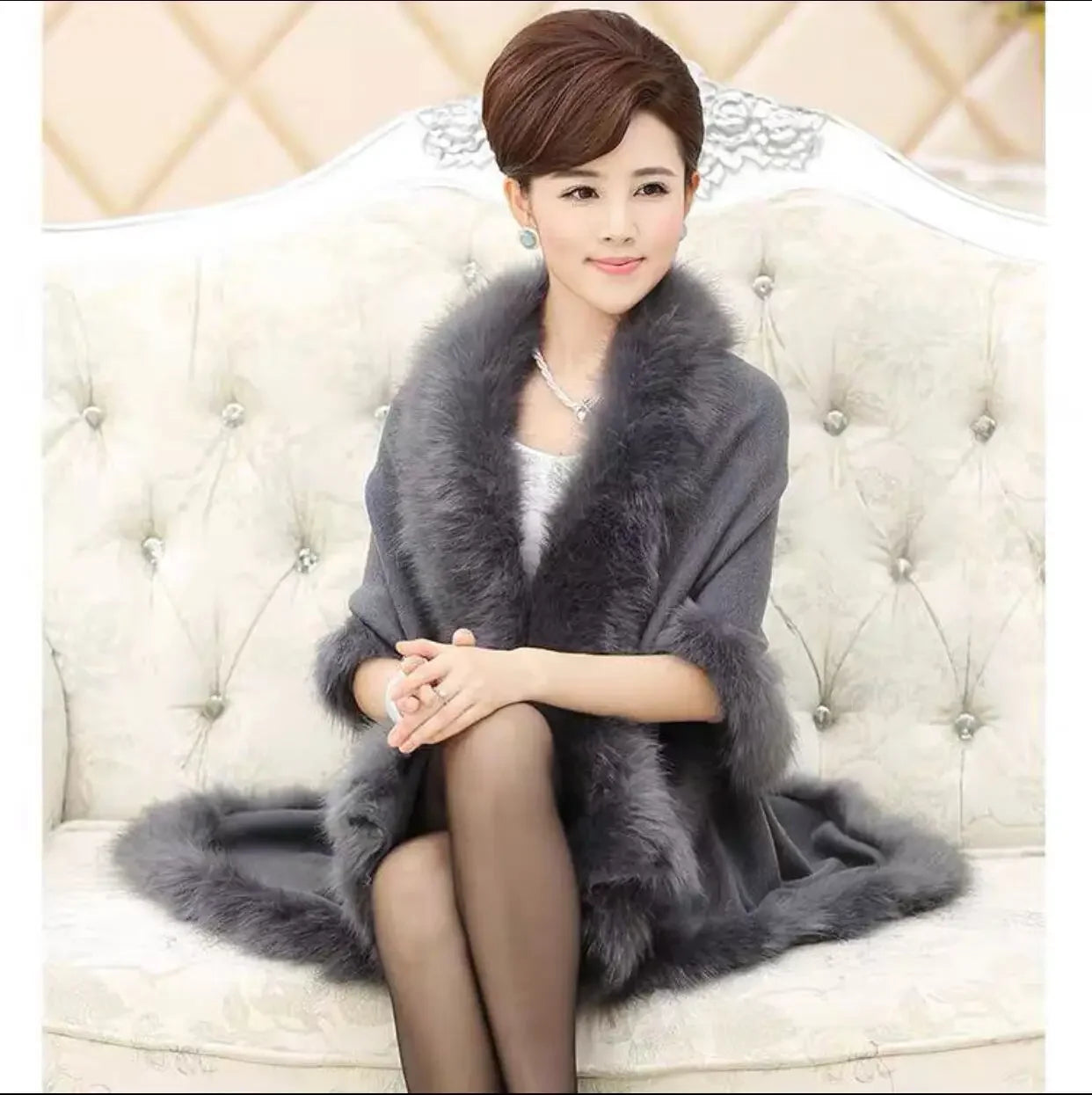 Faux Fox Fur Collar Oversize Coat Winter Warm Long Knitted Cape Cashmere Loose Shawl for Women