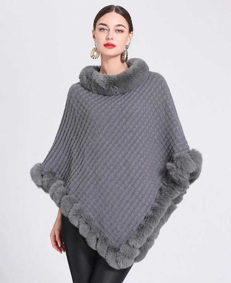 Plaid Stripes Faux Fur Pullover Cape Coat Autumn Winter Knit Poncho Cloak Wrap Shawl for Women