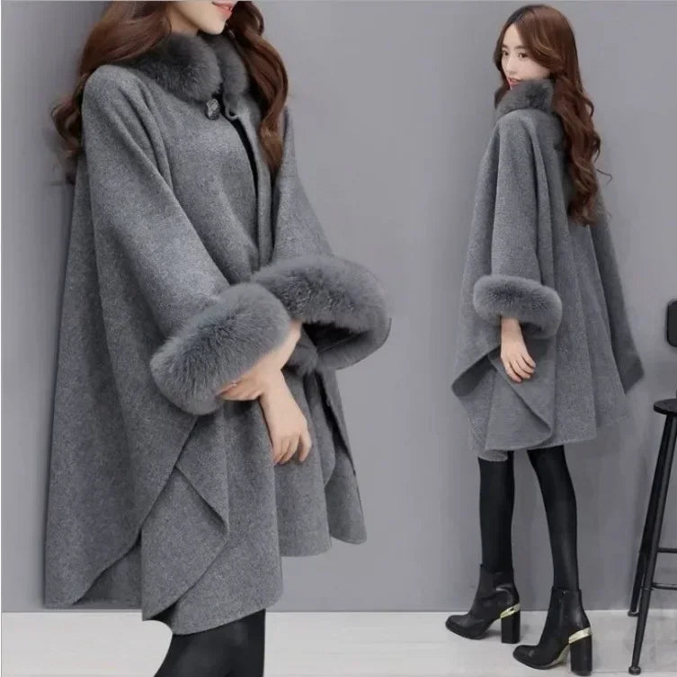 Mid-length Coat Cape Loose-fitting Pure Color Poncho Coat Travel Winter Fake Fur Coat for Women