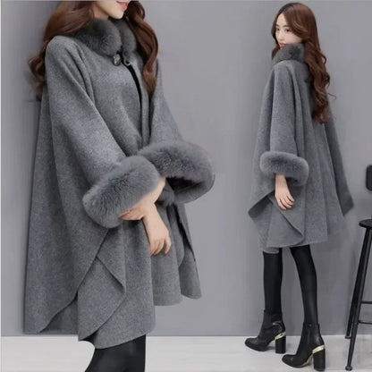 Mid-length Coat Cape Loose-fitting Pure Color Poncho Coat Travel Winter Fake Fur Coat for Women