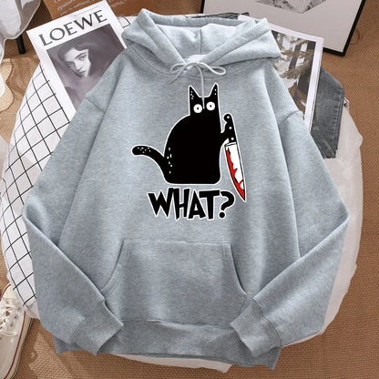 What Cute Little Black Cat Holding A Knife Men Sweatshirt Hip Hop Pullover HoodieUnisex for Men and Women